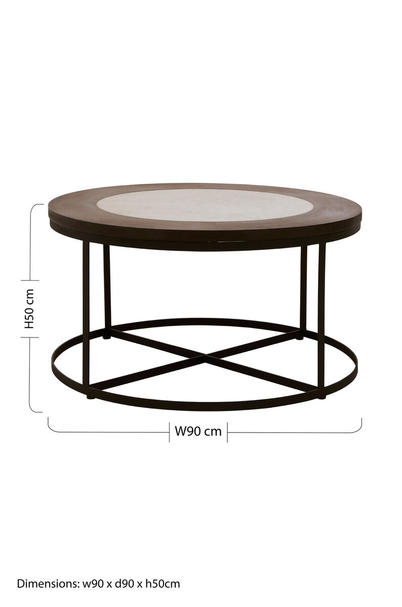Brown Wood and White Marble Top Coffee Table with Black Iron Intersecting Base, Vasco