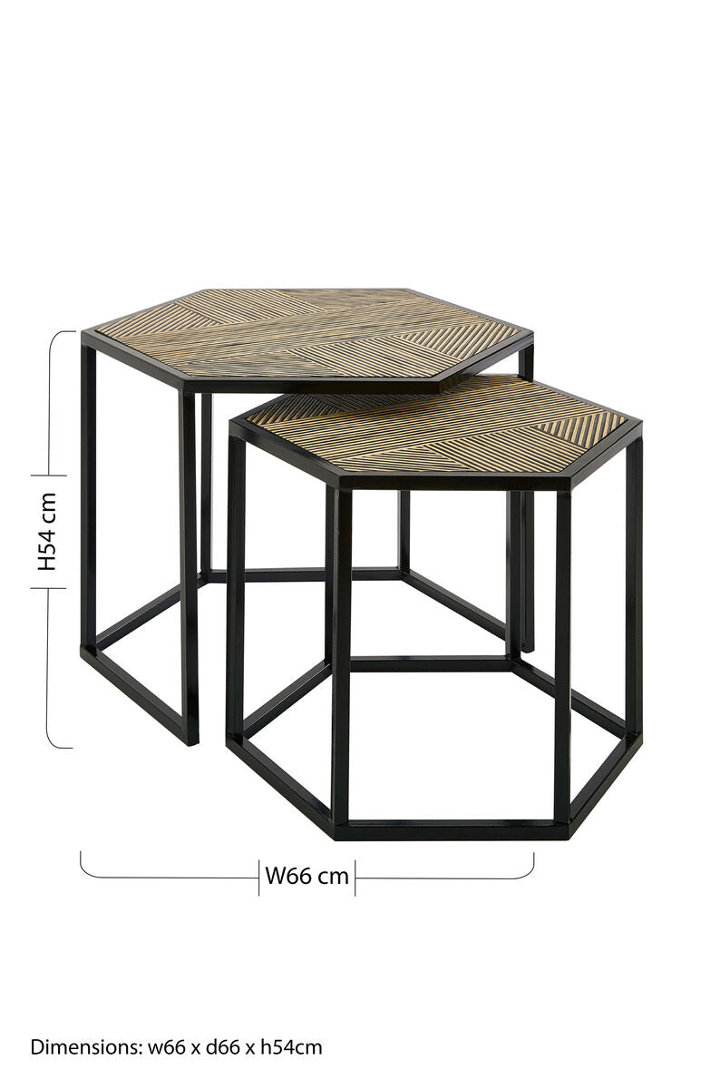 Set of 2 Natural Wood and Black Hexagon Side Tables with Black Metal Frame, Babita