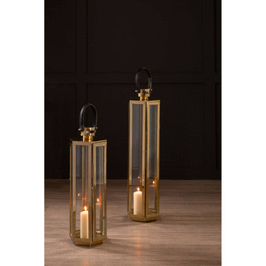 Herber Large Gold Finish Lantern with Hair on Leather Handle
