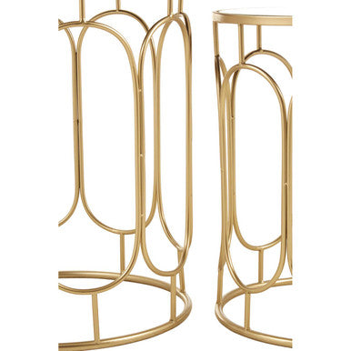 Set of 2 Mirrored Glass Top Nesting Side Tables with Gold Champagne Metal Frame, Avantis