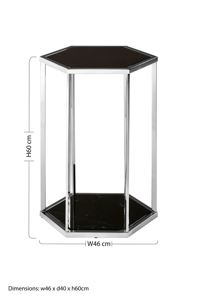 Hexagonal End Table with Black Marble Top and Bottom and Silver Finish Stainless Steel Frame, Piermount