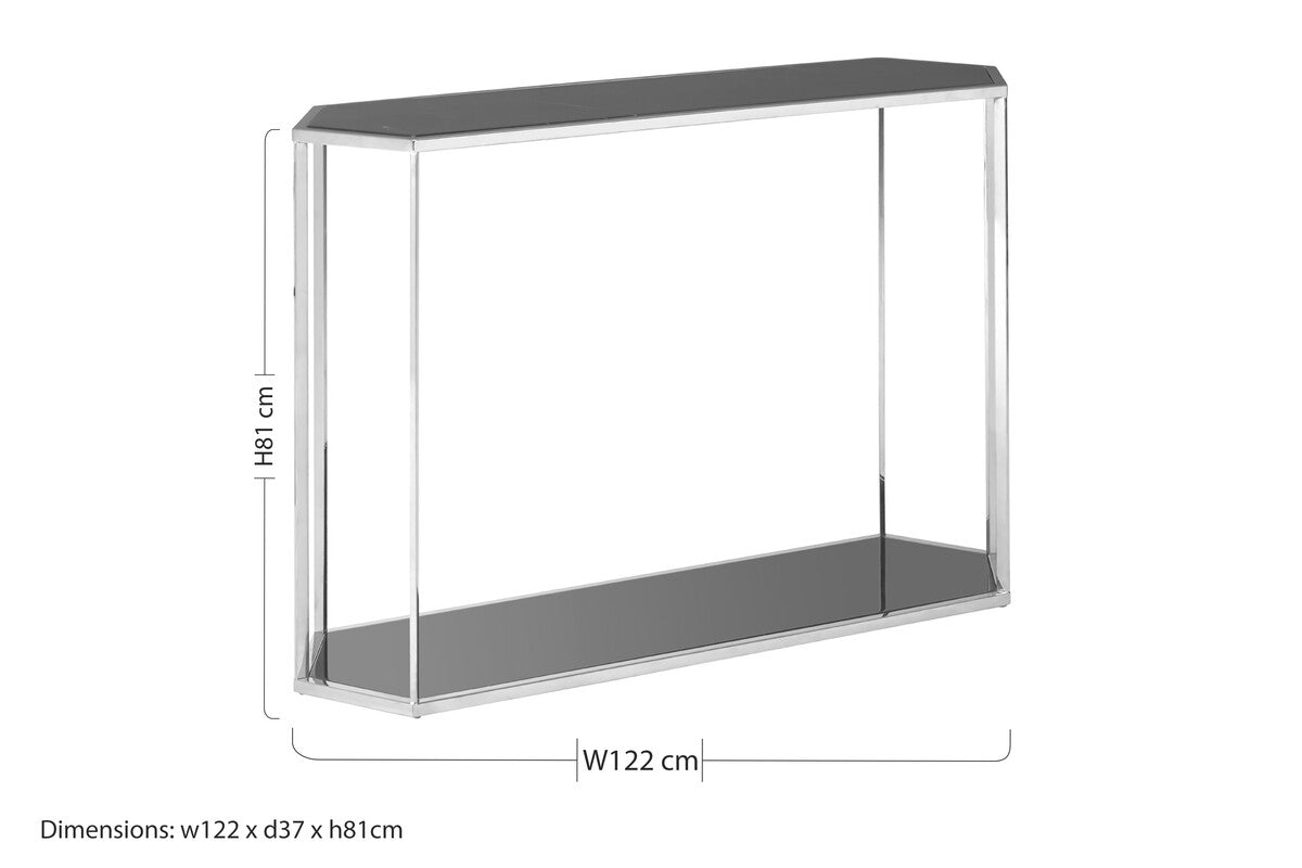 Silver Solid Steel Frame Console Table with Black Marble Top and Bottom, Piermount