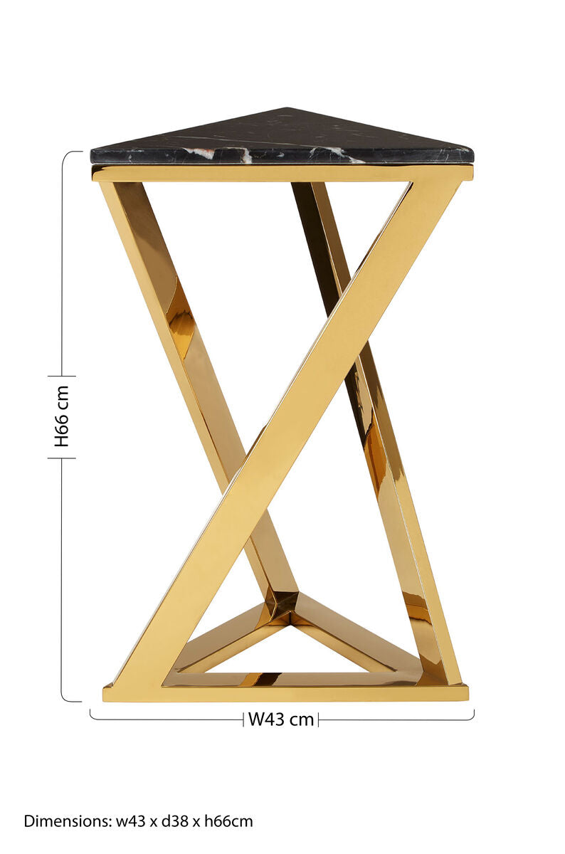 Black Marble Top End Table with Gold-Finished Steel Three Angled Legs and Triangular Base, Piermount
