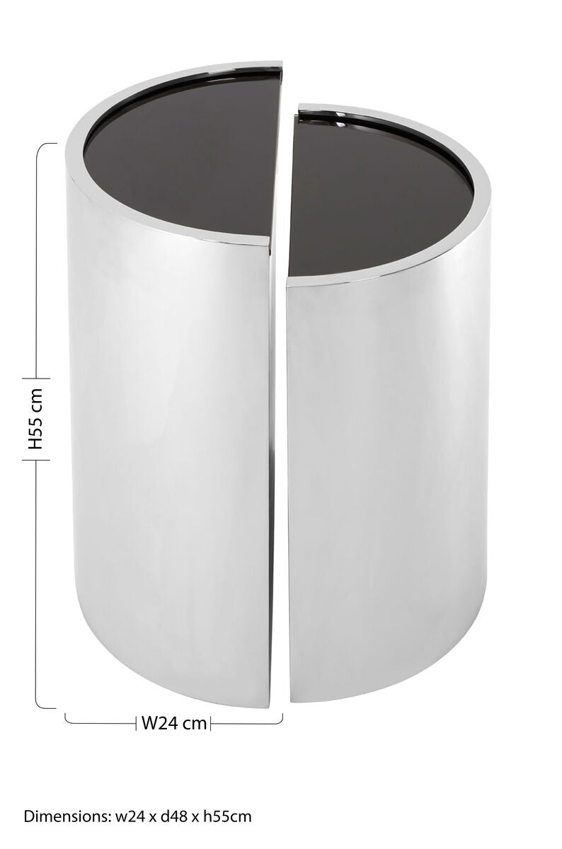 Set of 2 Semicircular Black Glass Top End Tables with Silver Finish Steel Frame, Piermount