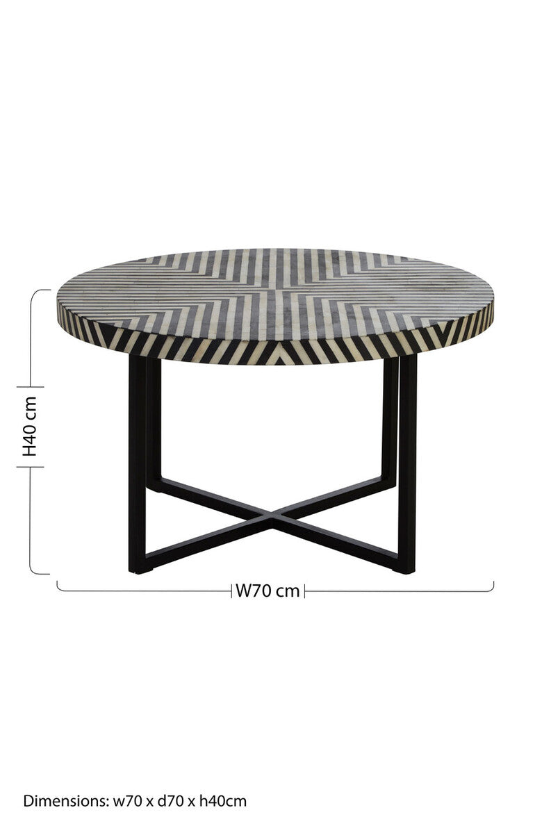 Black and White Top Bone Inlay Coffee Table with Black Metal Legs, Boho