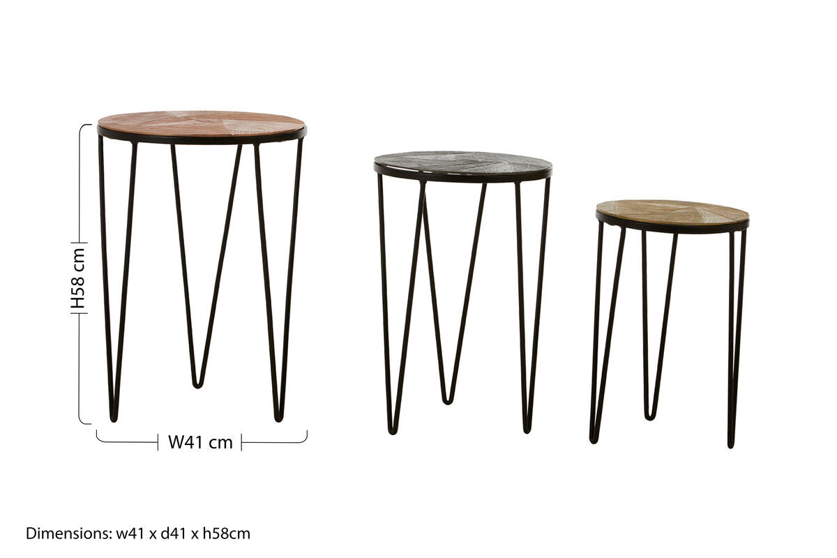 Set of 3 Assorted Textured Round Top Side Tables with Black Metallic Hairpin Legs, Mirano