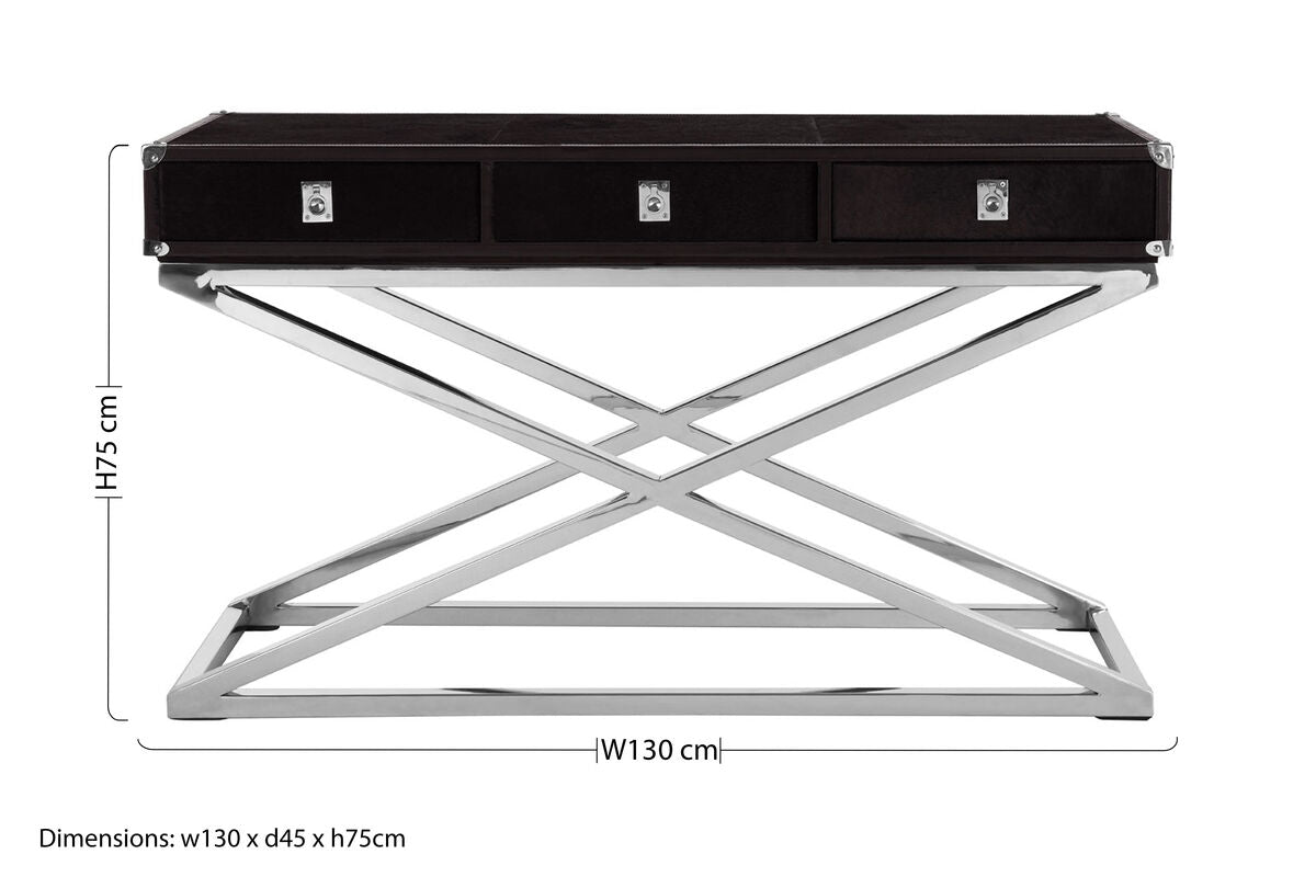 Black Hair-On-Leather Wood Top and Silver-Finished Frame Console Table with 3 Drawers, Kensington Townhouse