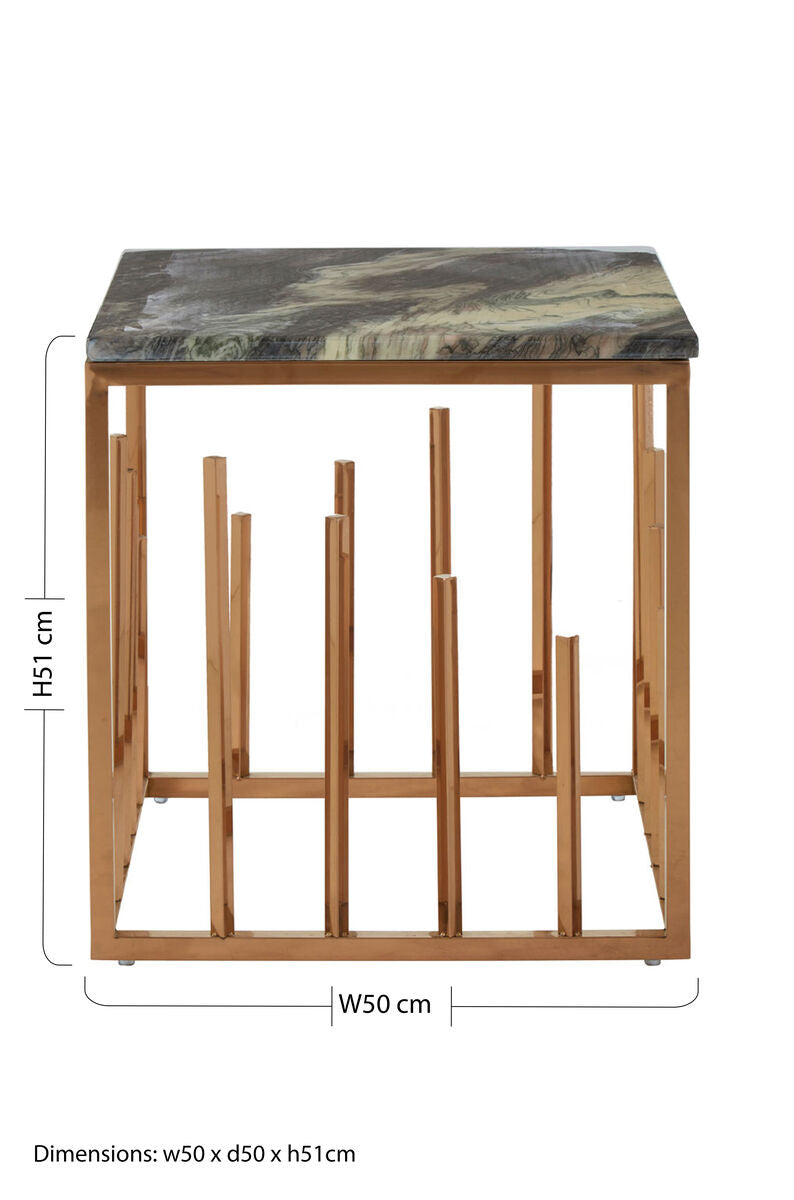 Black Marble Top Square Side Table with Rose Gold Finish Stainless Steel Frame, Tula
