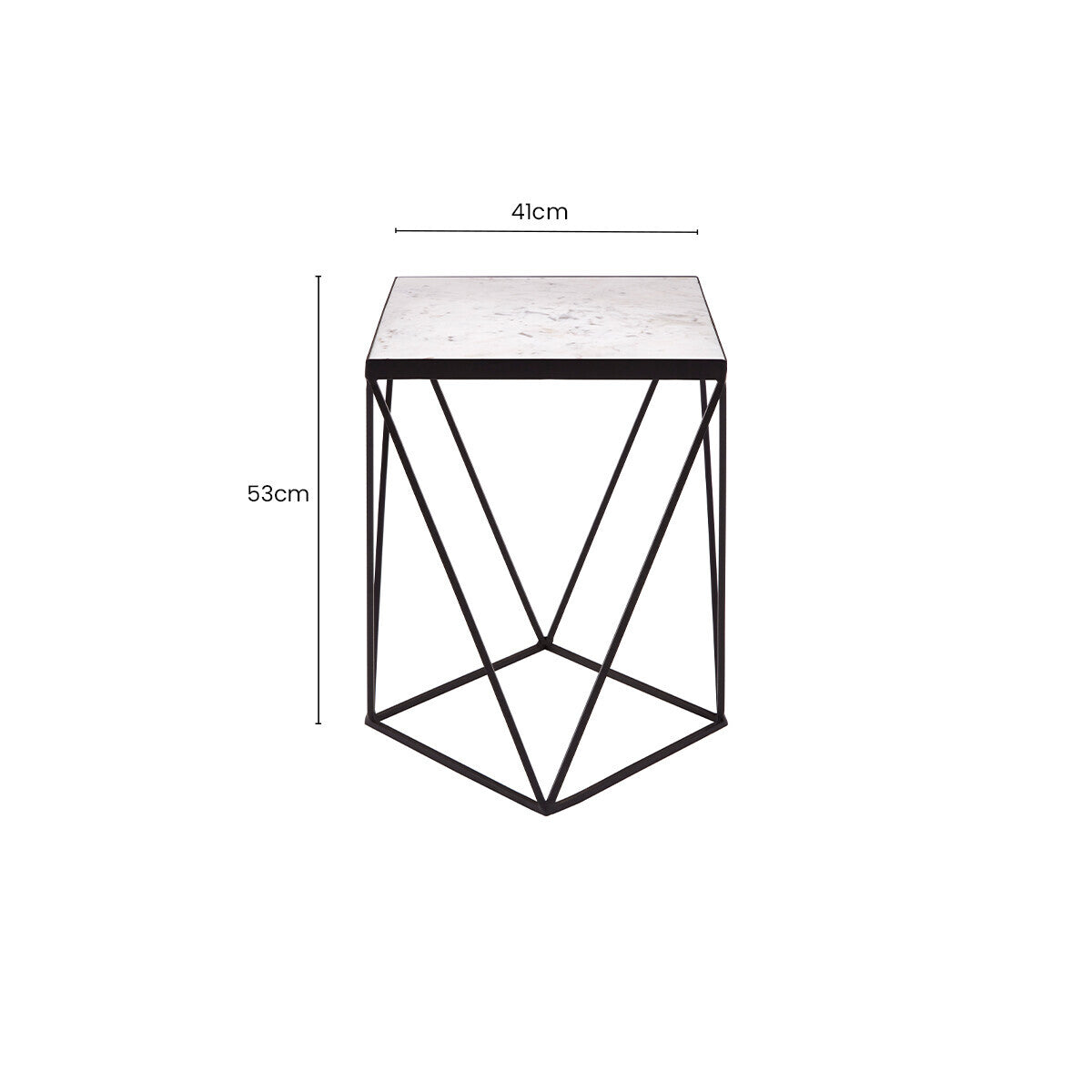 White Marble Top Square Side Table with Black Finish Metal Base, Shalimar