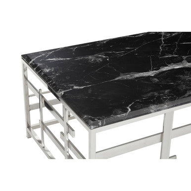 Black Marble Top Coffee Table with Silver Finish Geometric Stainless Steel Base, Aprilia