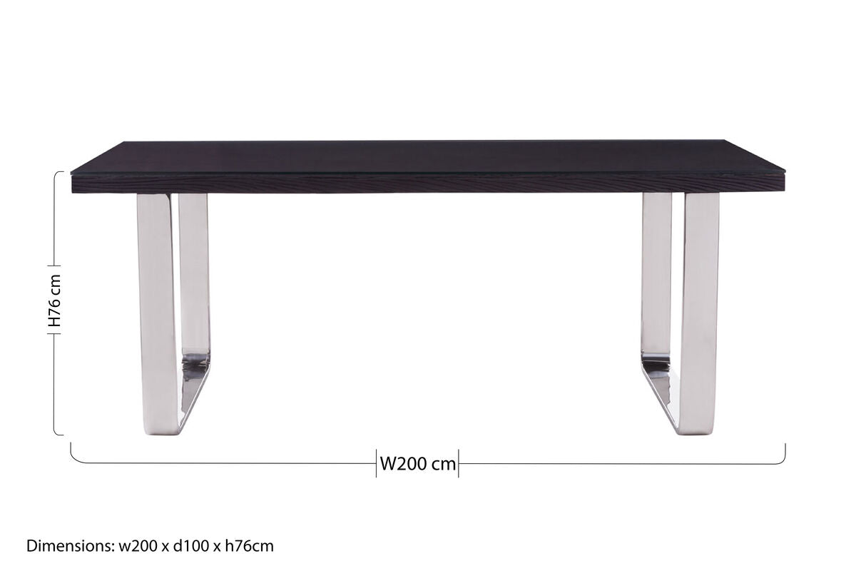 Large Black Pinewood and Clear Glass Top Dining Table with Silver U-Shaped Metal Legs, Kerala
