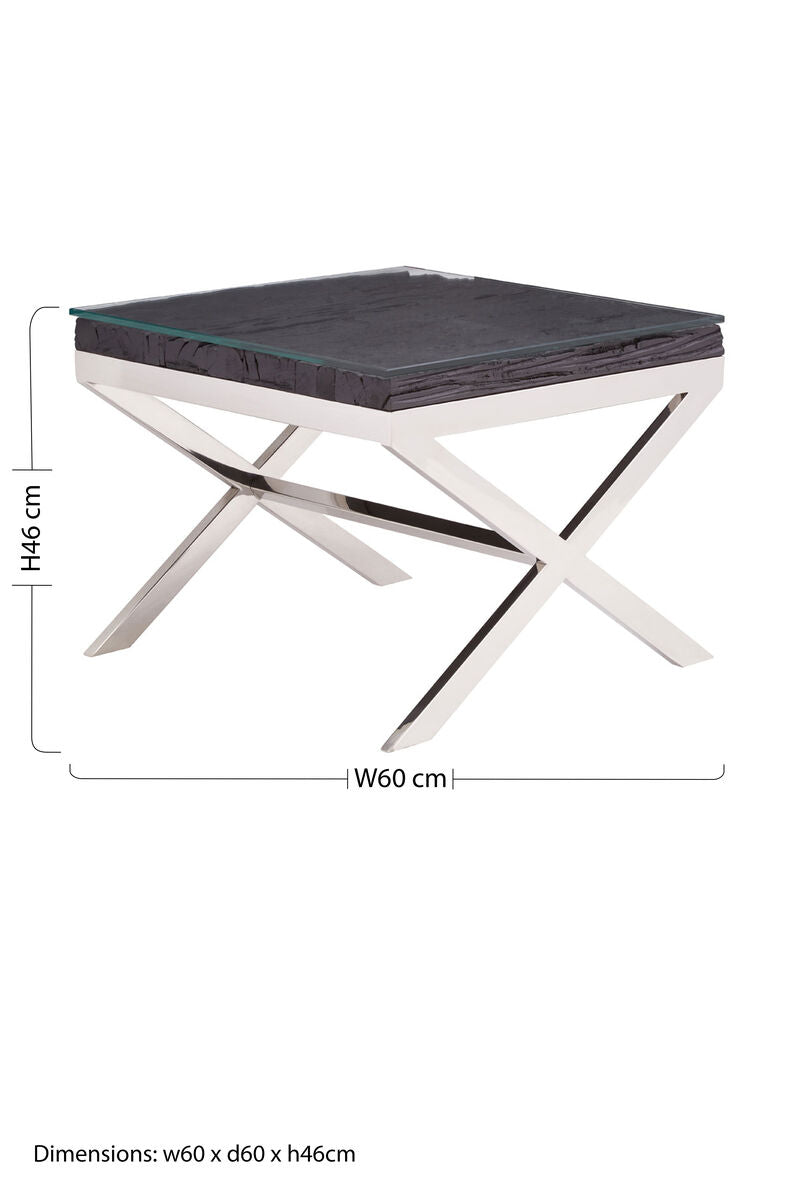 Square Black Wood and Clear Glass Top End Table with Silver Cross Base, Kerala