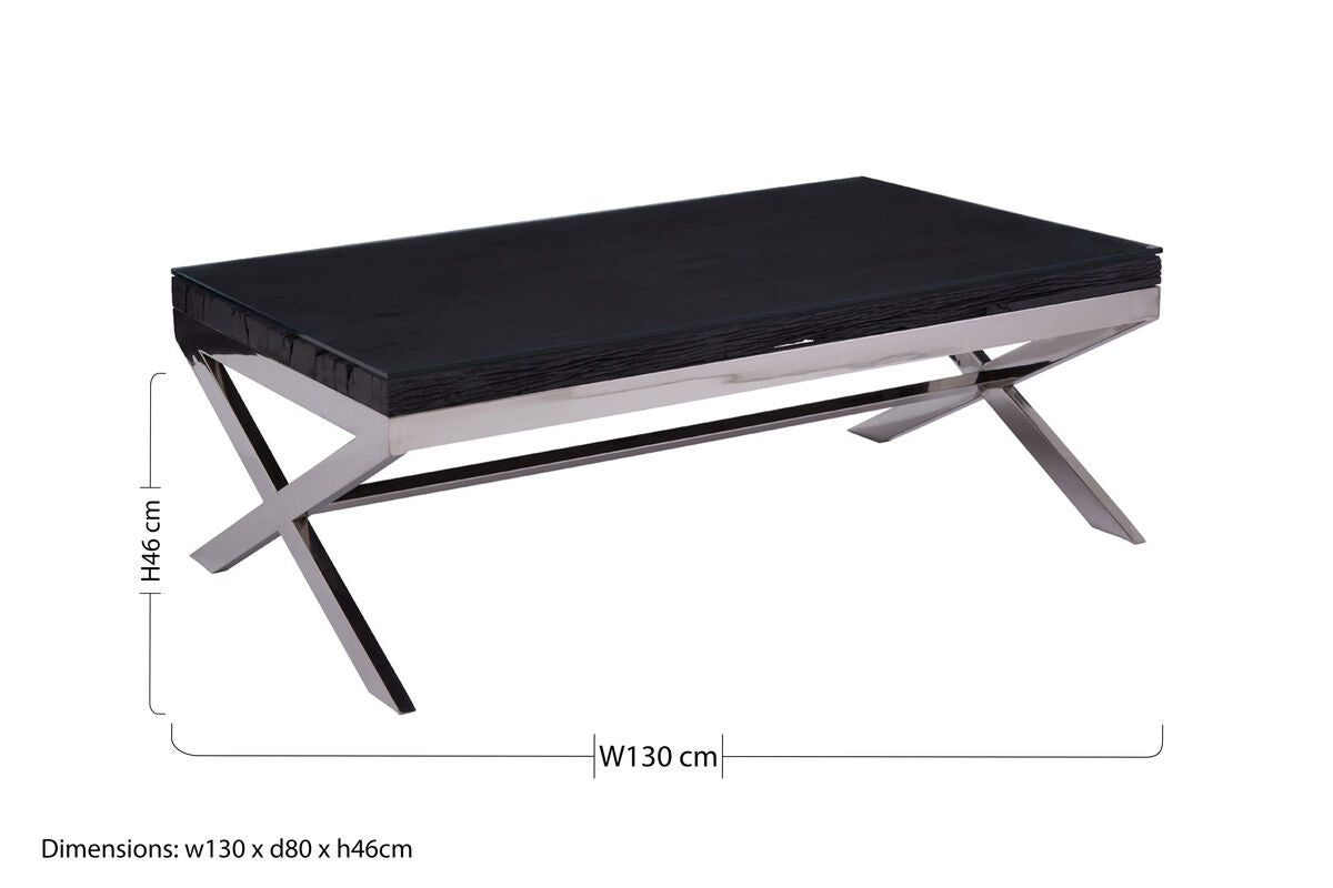 Square Black Wood and Clear Glass Top Coffee Table with Silver Cross Base, Kerala