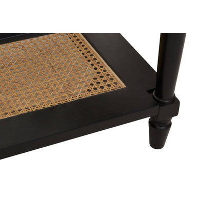 Black Finish Clear Glass Top Coffee Table with Natural Rattan Woven Shelf, Corso