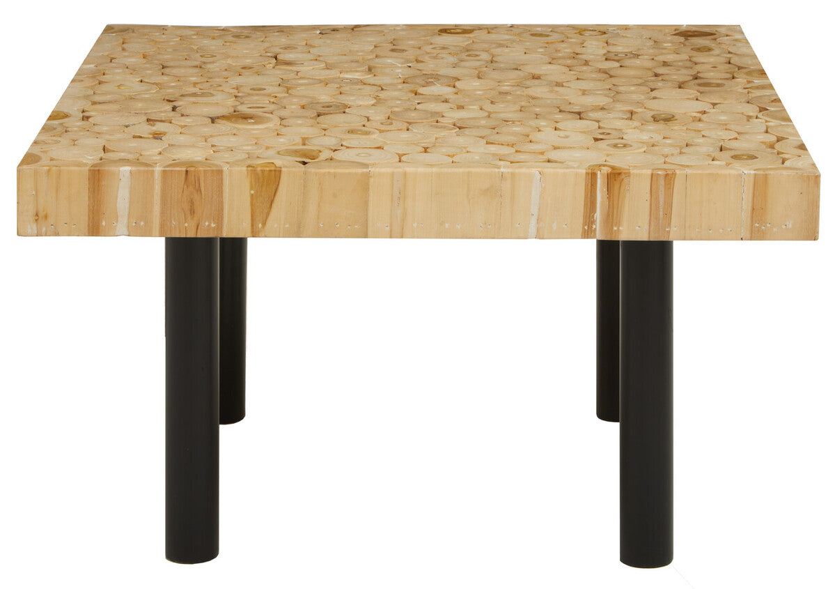 Natural Mosaic Teak Wood Coffee Table with Black Iron Base, Malang