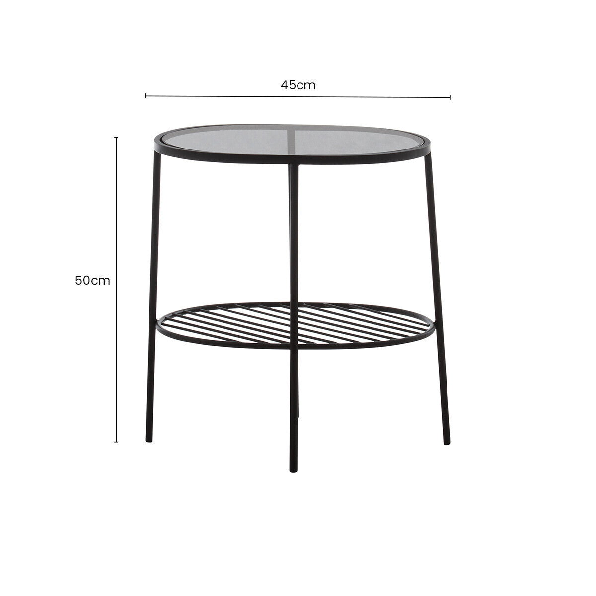 Grey Tempered Glass Side Table with Lower Metal Tier and Black Iron Frame, Trento