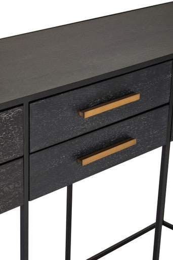 Black Finish 6-Drawer Coffee Table with Metallic Handles and Iron Frame, Judd