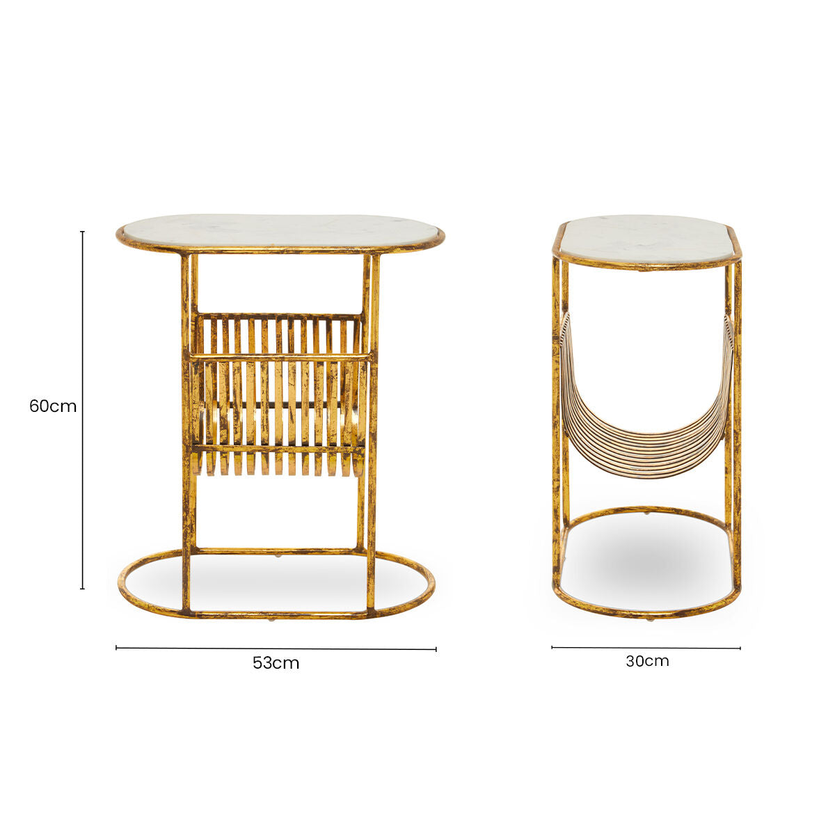 White Marble Top Side Table with Curved Magazine Rack and Gold Metallic Frame, Rabia