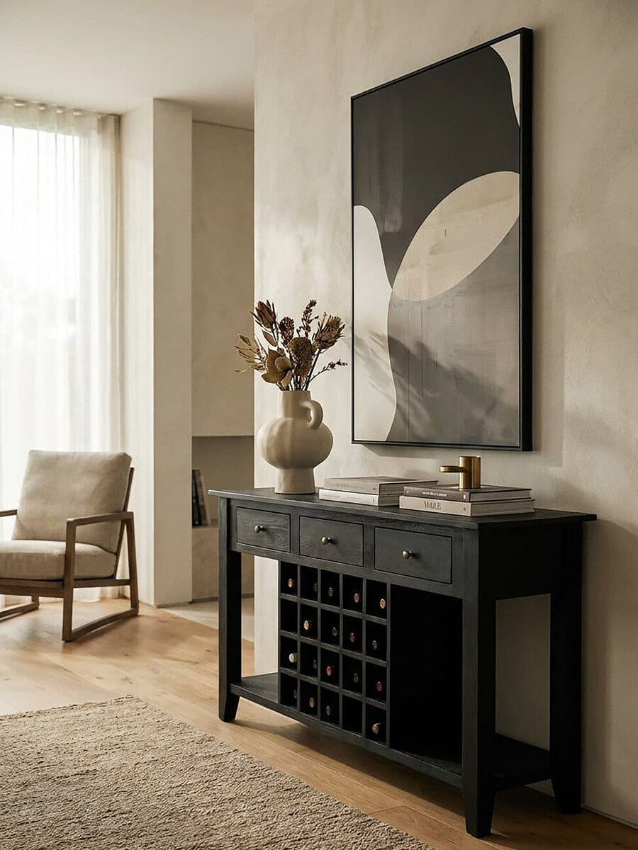 Black Mango Wood Console Table with 20-Bottle Wine Storage and 3 Drawers, Fusion