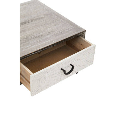 Dark Mud Grey Recycled Elm Wood Coffee Table with Two Storage Drawers and Metal Frame, Milan