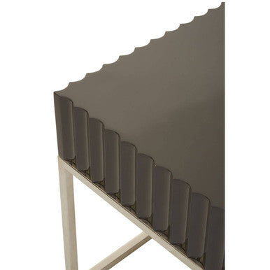Grey Gloss Square Side Table with Fluted Carved Top and Silver Stainless Steel Frame, Genoa