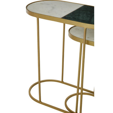 Set of 2 Marble Top Nesting Side Tables with Slim Antique Brass Finish Geometric Base, Suar