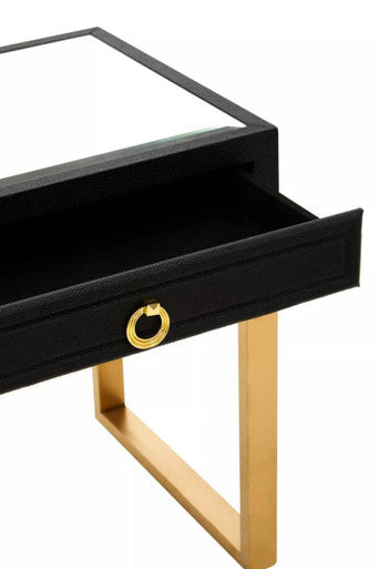 Black Shagreen Effect 1-Drawer Side Table with Brushed Matte Gold Legs and Knocker Handle, Cardoba