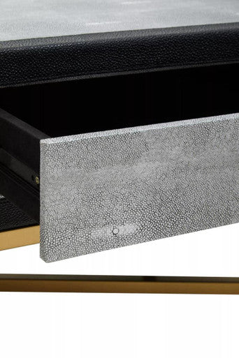 Grey Shagreen Effect Coffee Table with Two Drawers and Brushed Matte Gold Cross Leg Frame, Cadiz