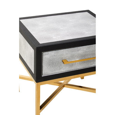 Grey Faux Shagreen 1-Drawer Side Table with Brushed Matte Gold Cross Legs and Black Border, Cadiz