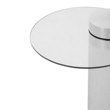 Clear Round Glass Top Side Table with Silver Metal Pedestal Base, Oria