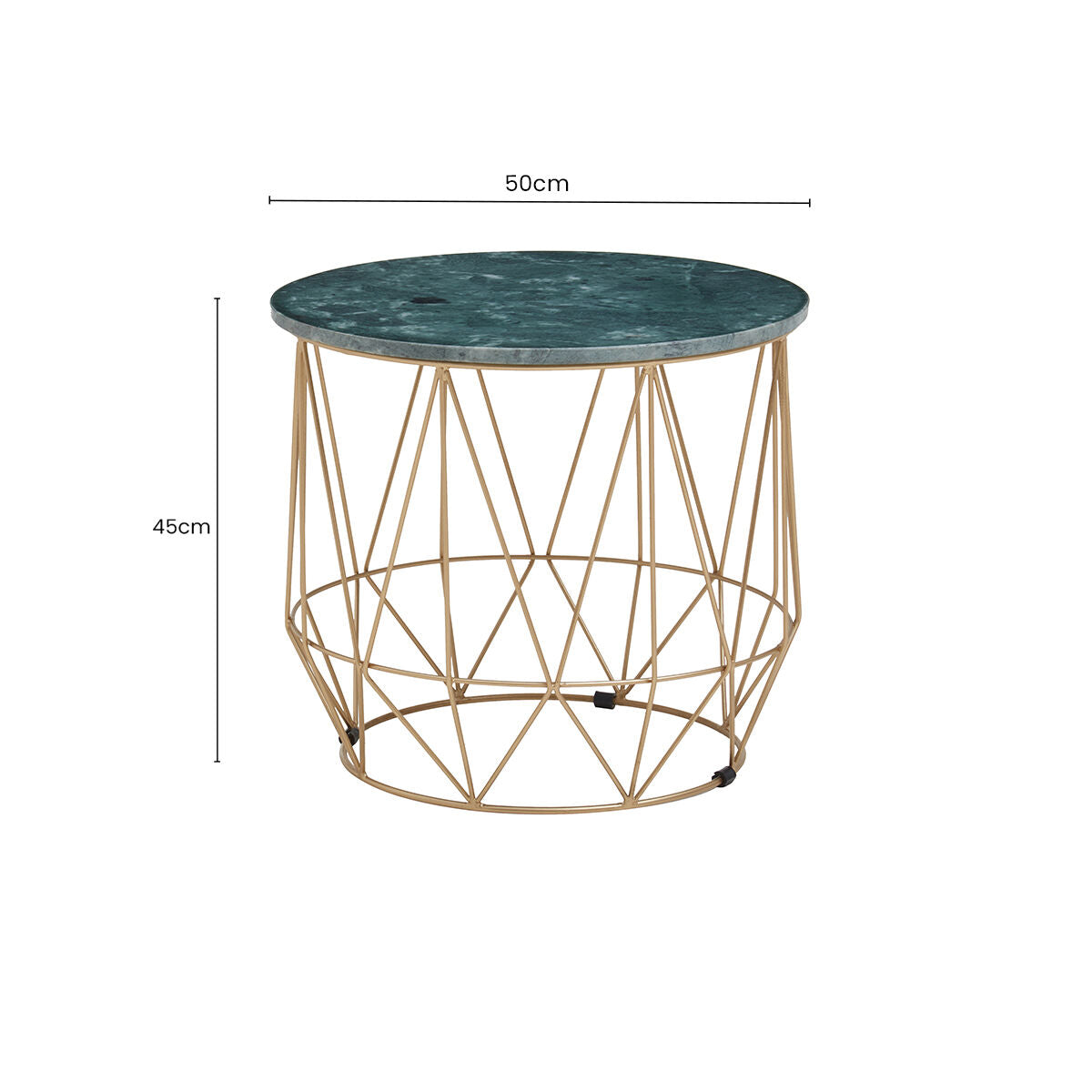 Green Marble Round Top Side Table with Sleek Cage Style Gold Metal Frame, Mandoli