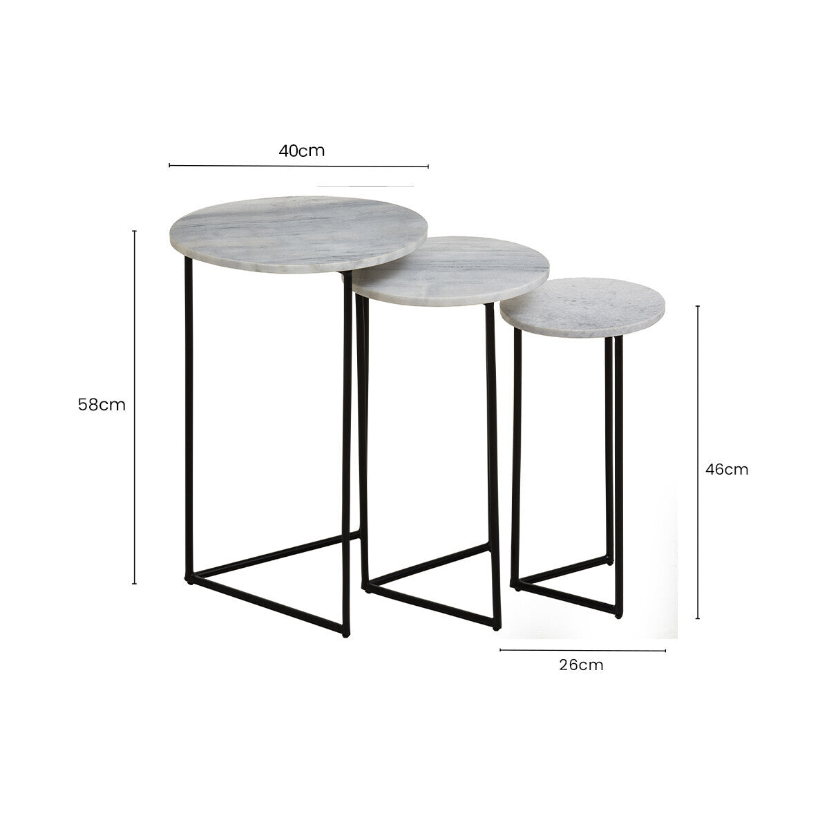 Nest of 3 White Marble Top Side Tables with Black Metal Triangular Bases, Mandoli