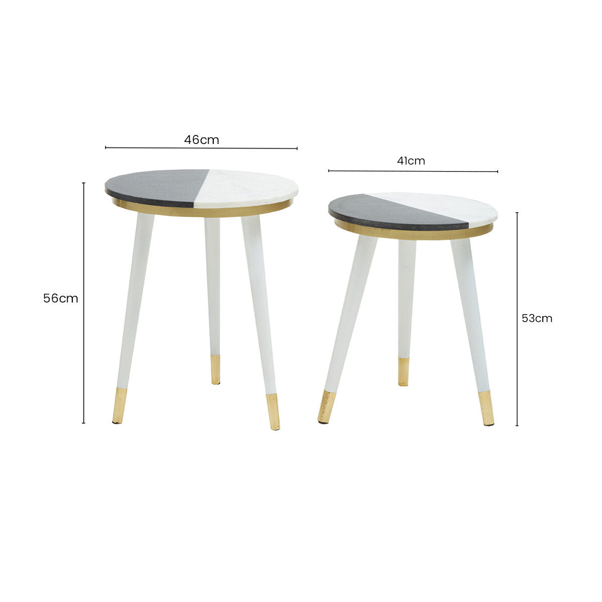 Set of 2 Black & White Marble Side Tables with White Legs and Gold Base Detailing, Nirav