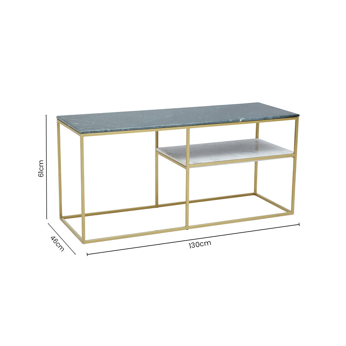 Assorted Marble Top Console Table with Geometric Gold Iron Frame and Lower Shelf, Nirav