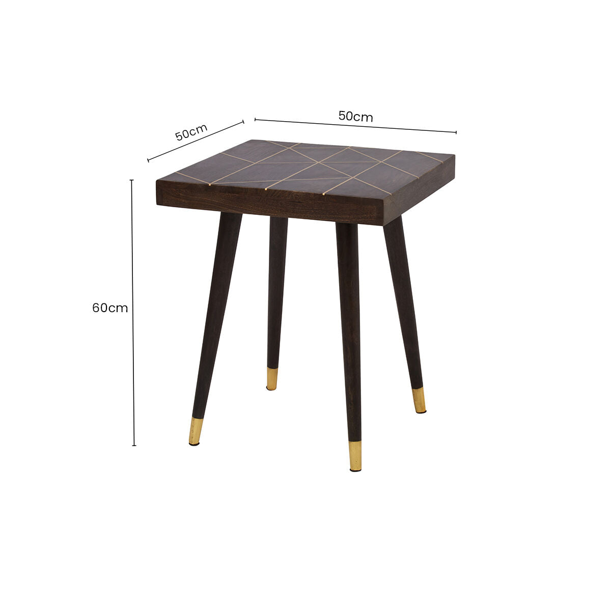 Dark Brown Mango Wood Square Side Table with Gold Tip Legs, Naro