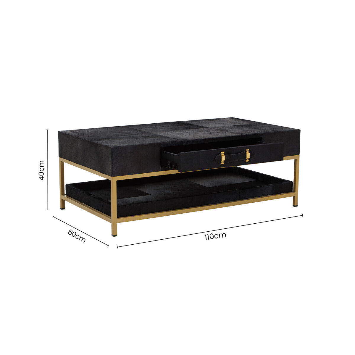 Black Hair-On-Hide Leather Coffee Table with Gold Metal Frame and Storage Drawer, Kensington Townhouse