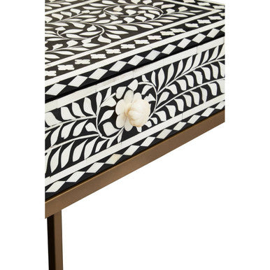 Black and White Floral Bone Inlay Console Table with 2 Storage Drawers and Gold Metal Base, Fusion