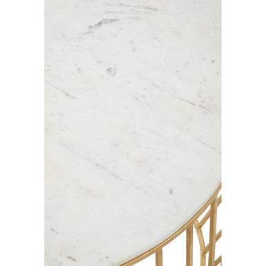 White Marble Top Coffee Table with Gold Finish Iron Cage Base, Pali