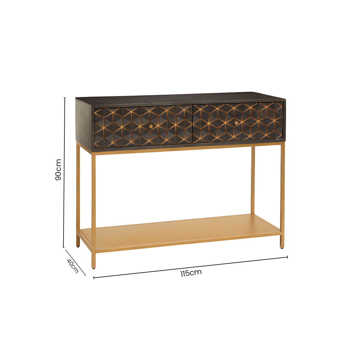 Grey Mango Wood 2-Drawer Console Table with Gold Finish Iron Frame and Lower Shelf, Patna