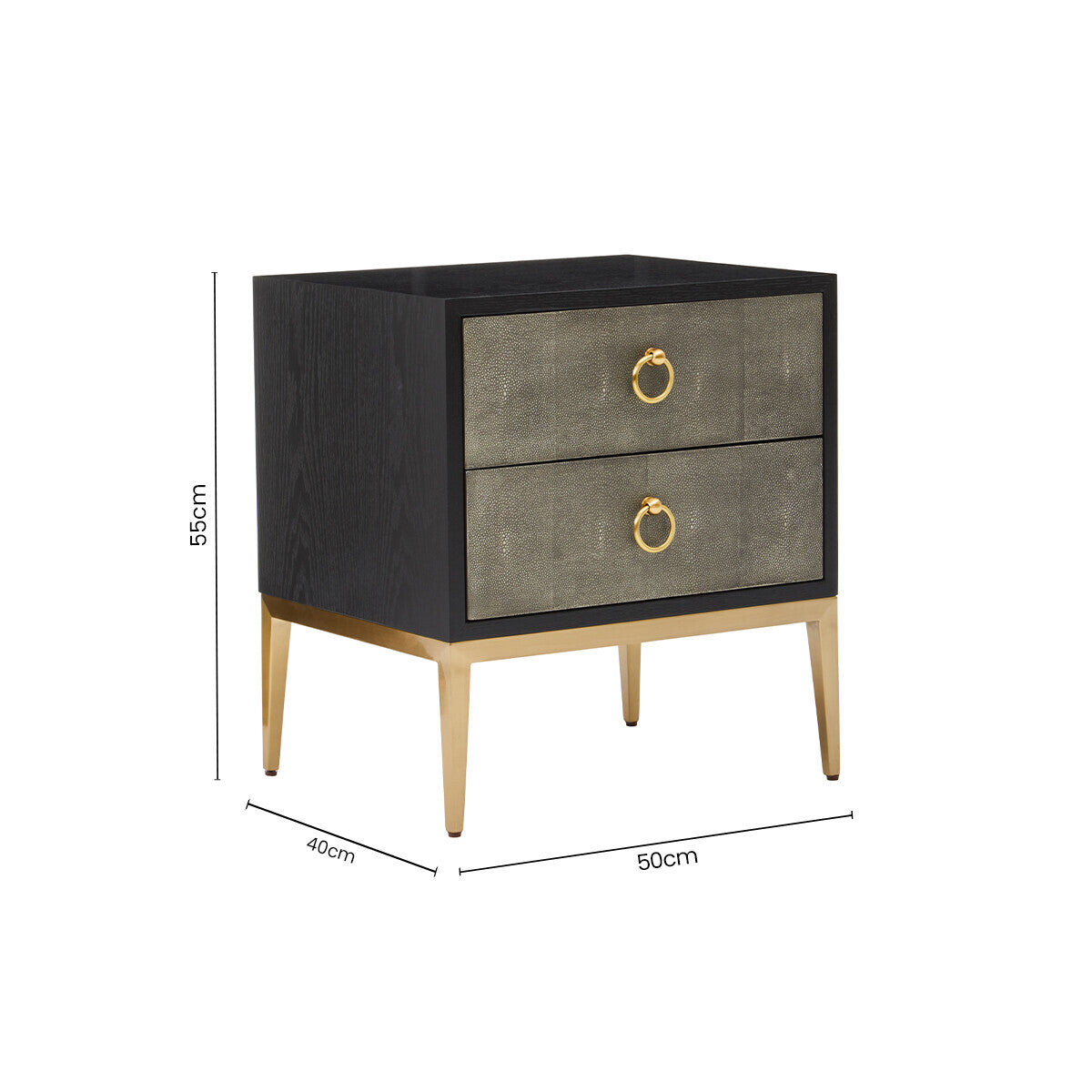 Grey Shagreen Effect 2-Drawer Side Table with Black Top and Gold Metal Legs, Deruta