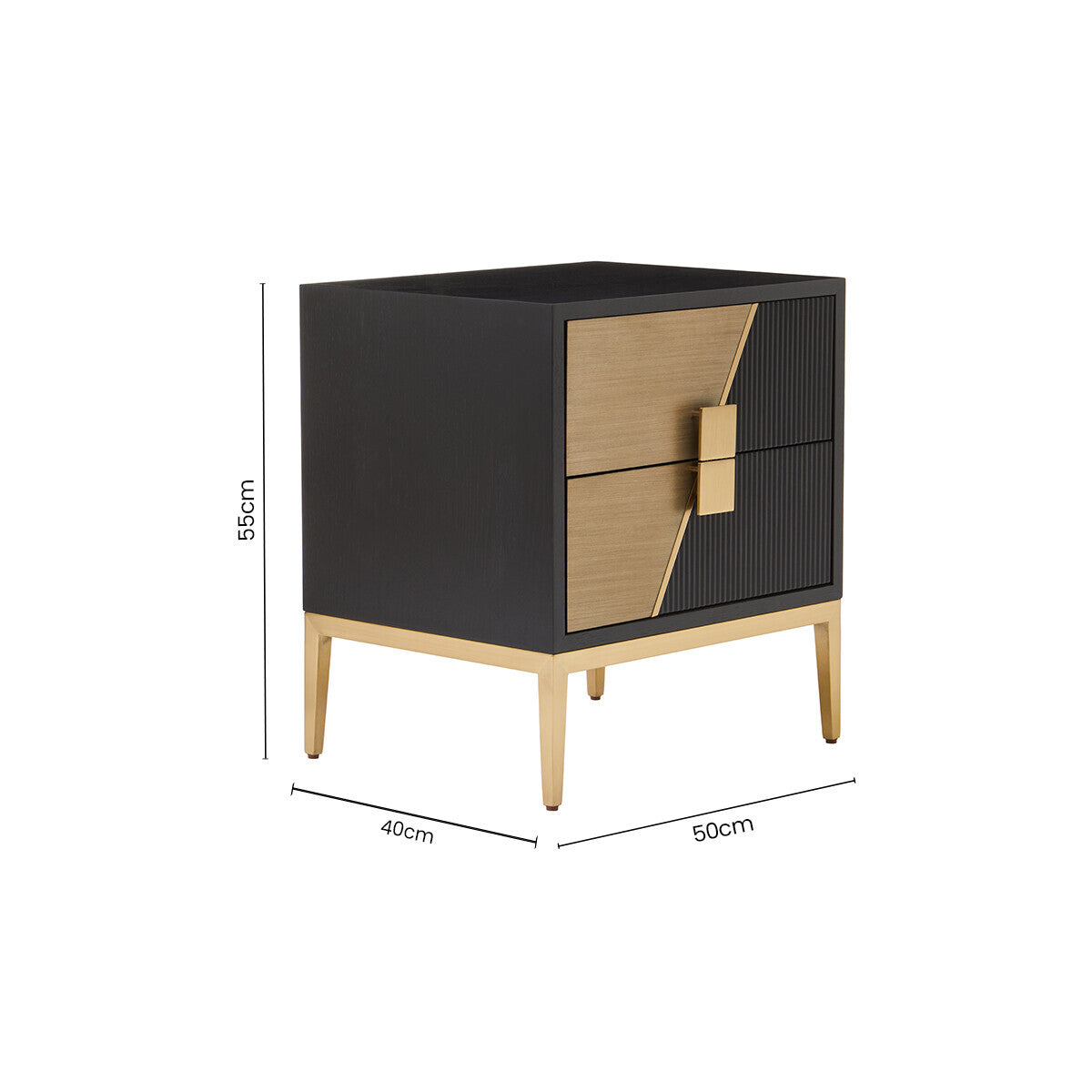Black Fluted and Natural Grain Diagonal Front 2-Drawer Side Table with Gold Handles, Davoli