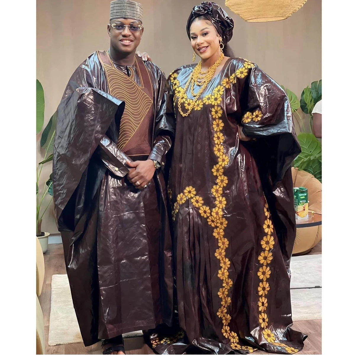 Men's Bazin Riche Embroidered Dashiki Top – Long Sleeve | 100% Cotton | Plus Size L–5XL | Brown