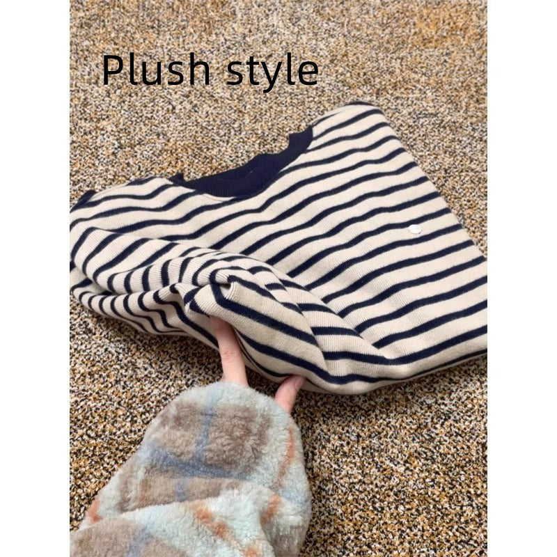 Women's American-style Blue Striped Round Neck Loose T-shirt