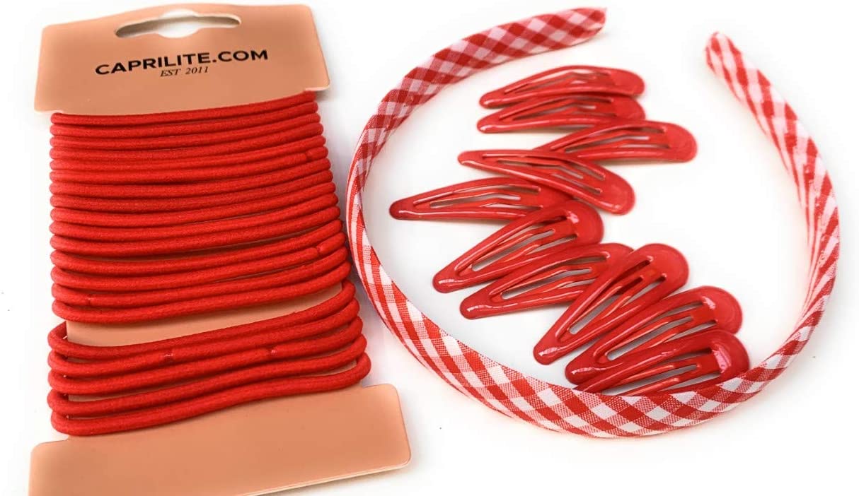 Red Mega Girls' School Hair Accessories Bundle Set - Gingham Checked Headband Snap Clips Bobbles Hairbands