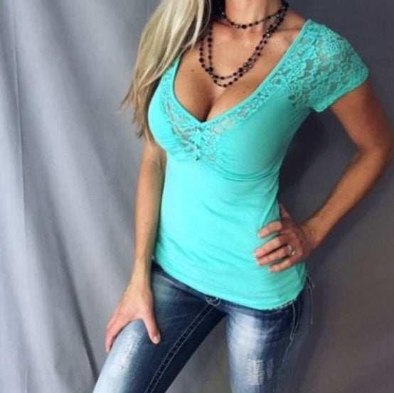 Sexy V-Neck Lace Sleeve Patchwork Lady Women Summer Lace