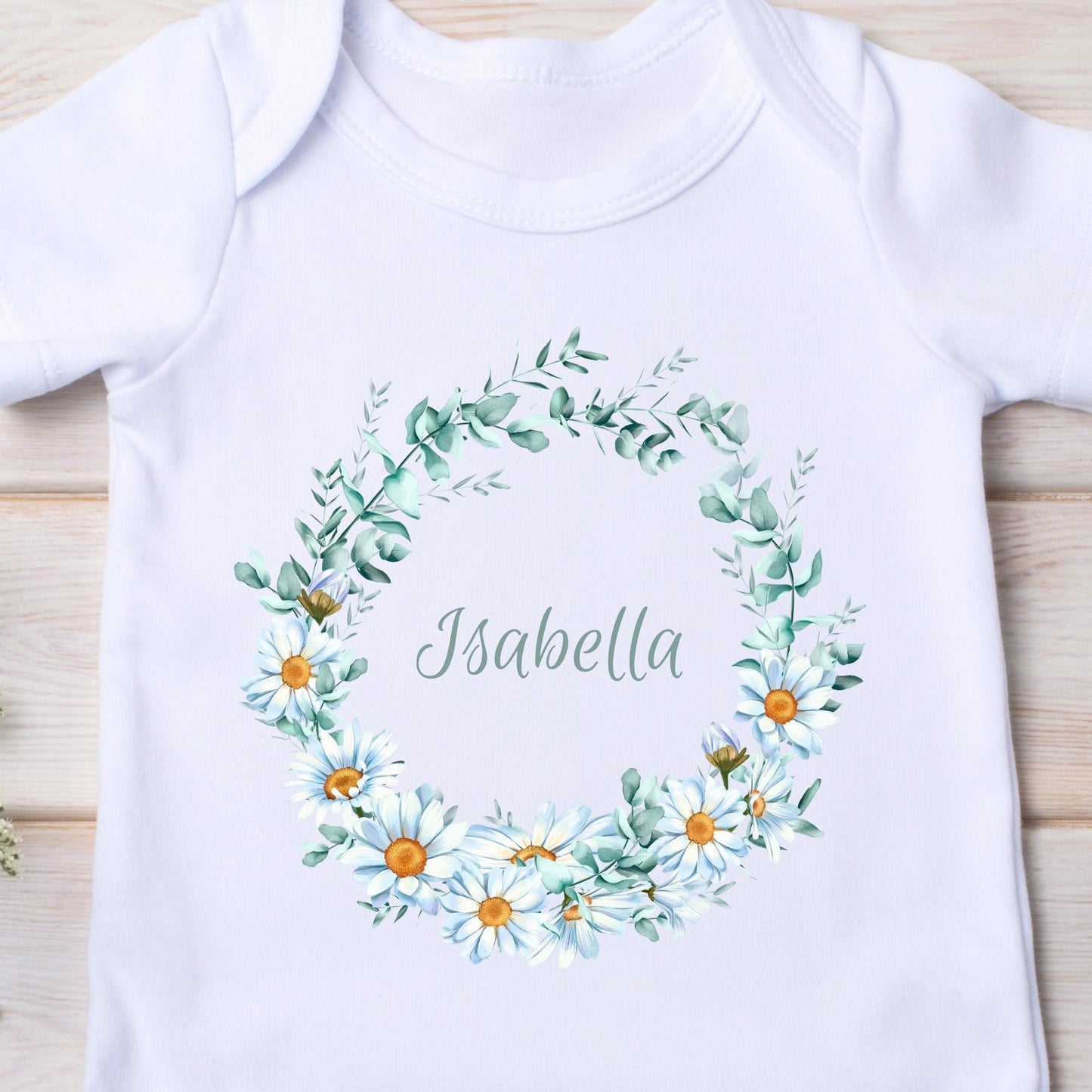 Personalised Daisy Floral Circle Baby Grow, Vest or Bib with Name