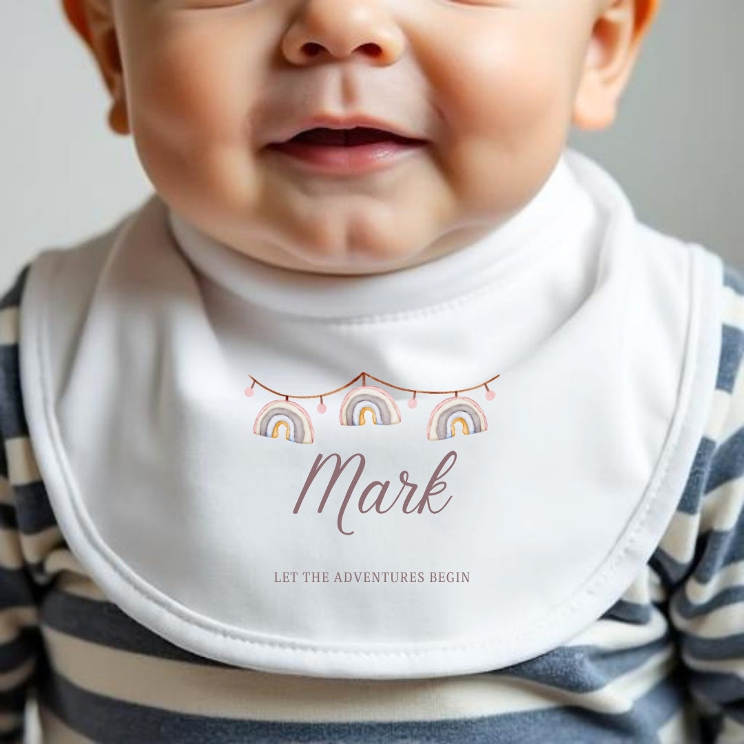 Personalised Rainbow Bunting Baby Grow, Vest or Bib with Name