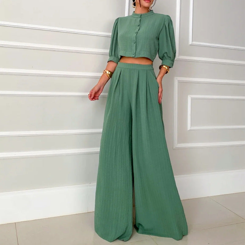 Round Neck Half Sleeve Short Vest High Waist Straight Pants Suit