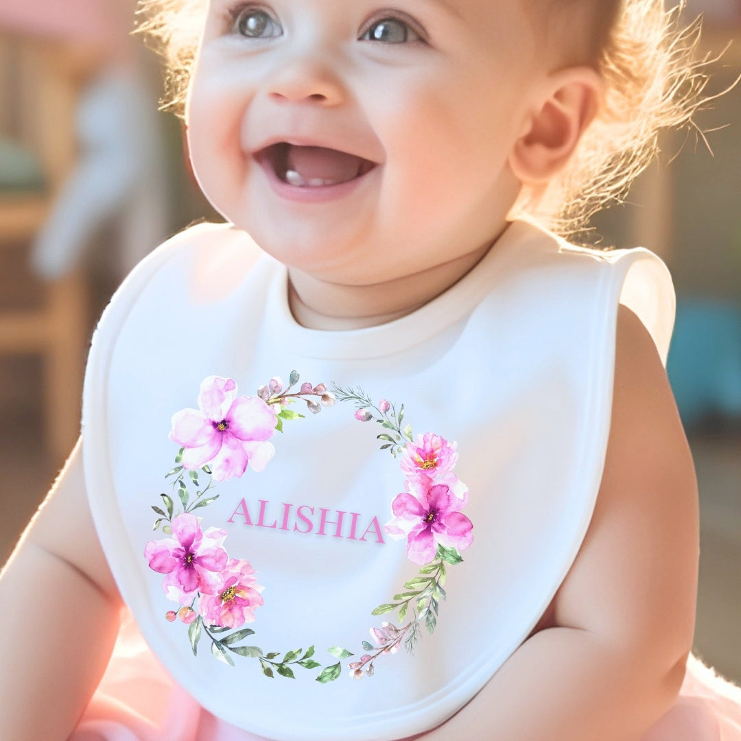Personalised Pink Floral Wreath Baby Grow, Vest or Bib with Name