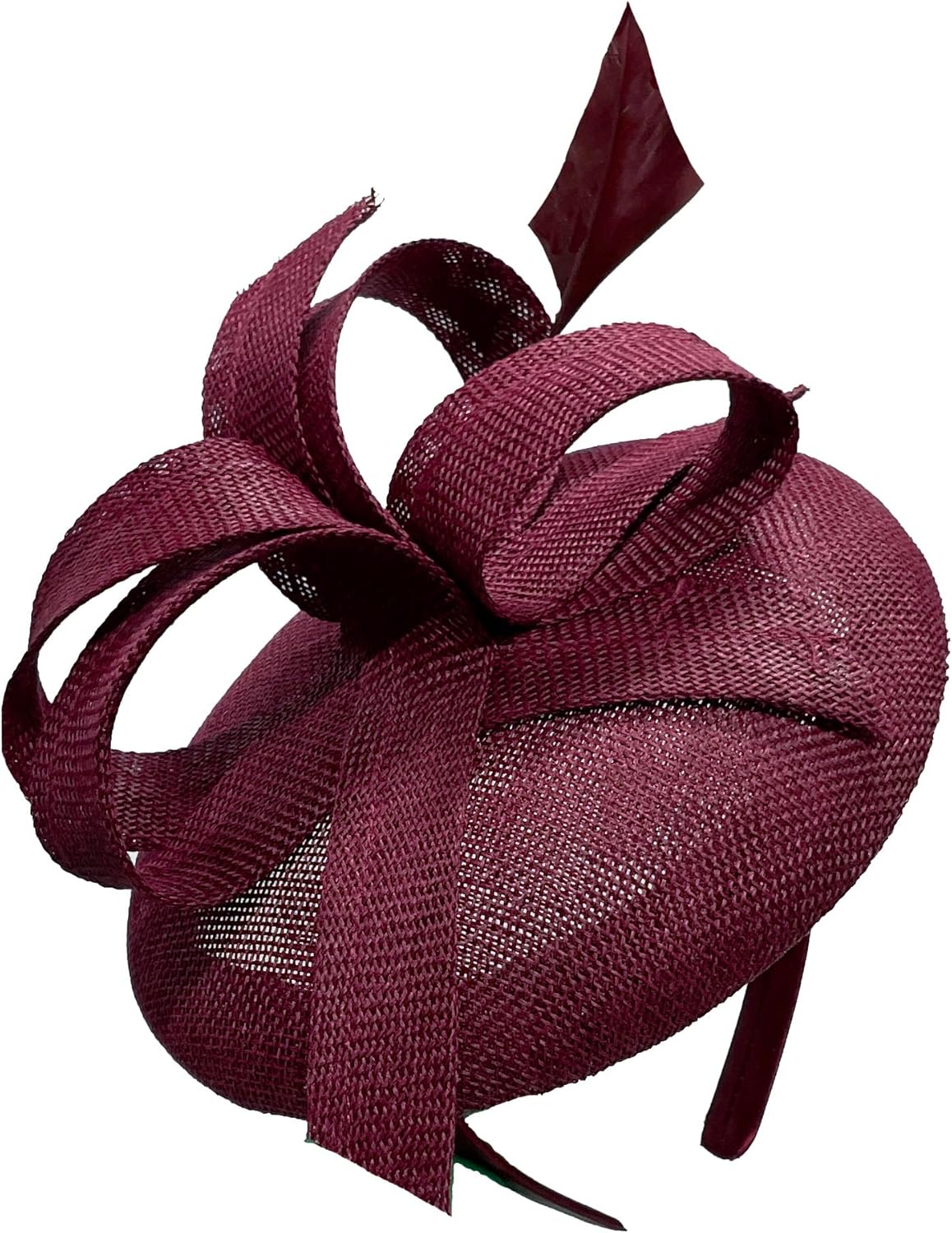 Round Sinamay Pillbox Fabric Abstract Hoops Long Feather Headband Fascinator Weddings Ascot Hatinator Races Hat UK - Burgundy Wine Red